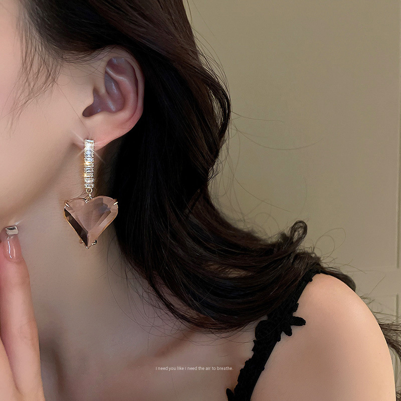 Sweet Heart Shape Copper Inlay Zircon Drop Earrings 1 Pair