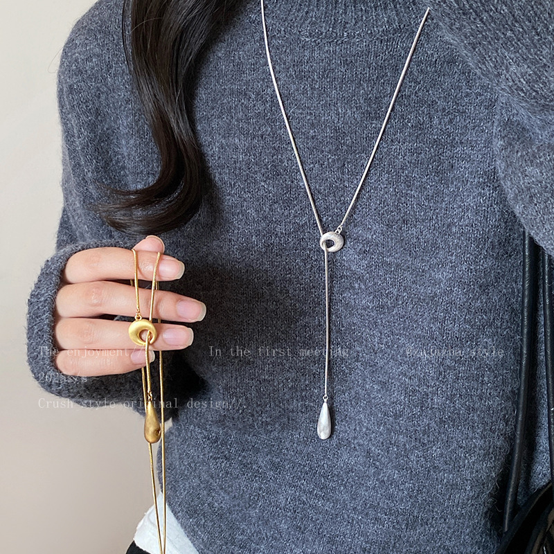 Matte Silver Brushed Water Drop Necklace for Women 2025 New Style Simple Niche Design Long Pullable Fashion Accessory