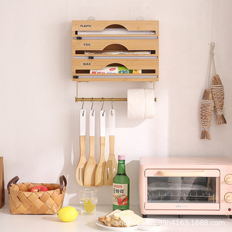 Envoltura de plástico de bambú caja de almacenamiento caja de corte de papel de aluminio caja de cortador de papel de cocina cajón de escritorio caja de almacenamiento de pared