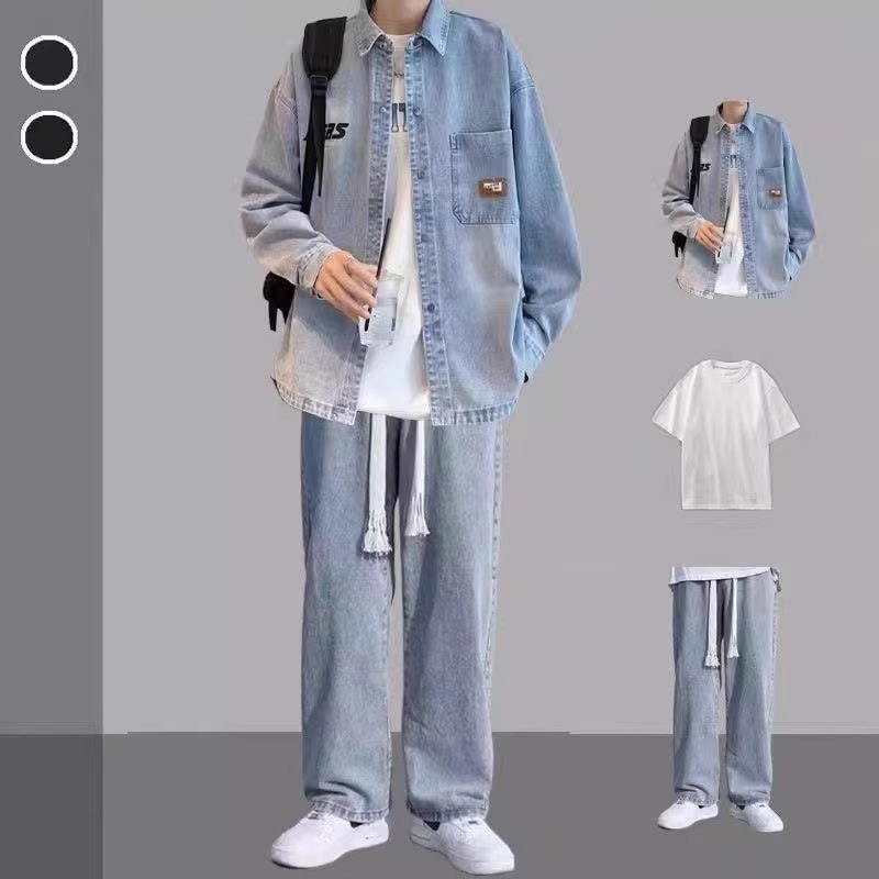Hong Kong Style Denim Long-Sleeved Shirt Boys Casual Suit Spring and Autumn Handsome Jacket Teenagers Matching Jeans Set