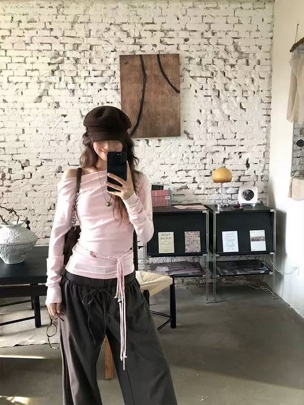 韩系辣妹斜肩设计感长袖t恤女2025秋季新款收腰修身显瘦腰绳上衣|undefined