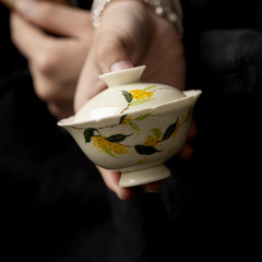 手描き桂花二才蓋碗茶杯中国式工夫茶器家庭用釉薬下彩陶磁器泡茶器トランペット茶碗