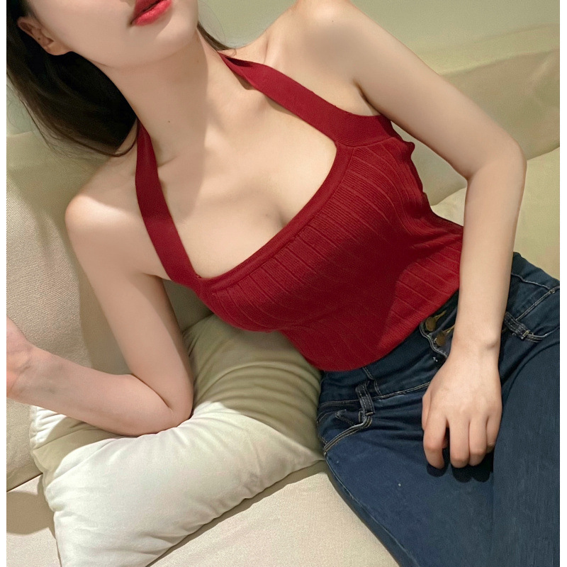 Hong Kong Style Scheming Backless Halter Top Red Tight Knitted Camisole Women's Summer Sleeveless T-Shirt Hong Kong Style Scheming Backless Halter Top Red Tight Knitted Camisole Women's Summer Sleeveless T-Shirt