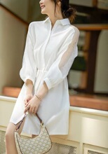 厂家批发法式设计感夏感欧根纱衬衫polo领连衣裙优雅通勤