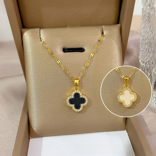 Gold Luxurious Diamond Four-Leaf Clover Necklace for Women, Black and White Dual-Side Design, Influencer Lockchain, 18k Gold-Plated Necklace