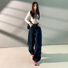 JM2025新款爆款原色工装裤多口袋宽松牛仔裤女百搭显瘦原色加长