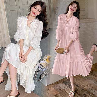 Pictures have been processed for 2025 spring and autumn new Korean fashion loose French simple style temperament lace-up dress