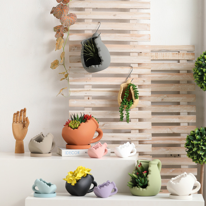 Colorful Notched Pot-Shaped Ceramic Unglazed Clay Flower Pot Hanging Pot Coarse Pottery Self-Absorbing Combination Succulent Plant Pot