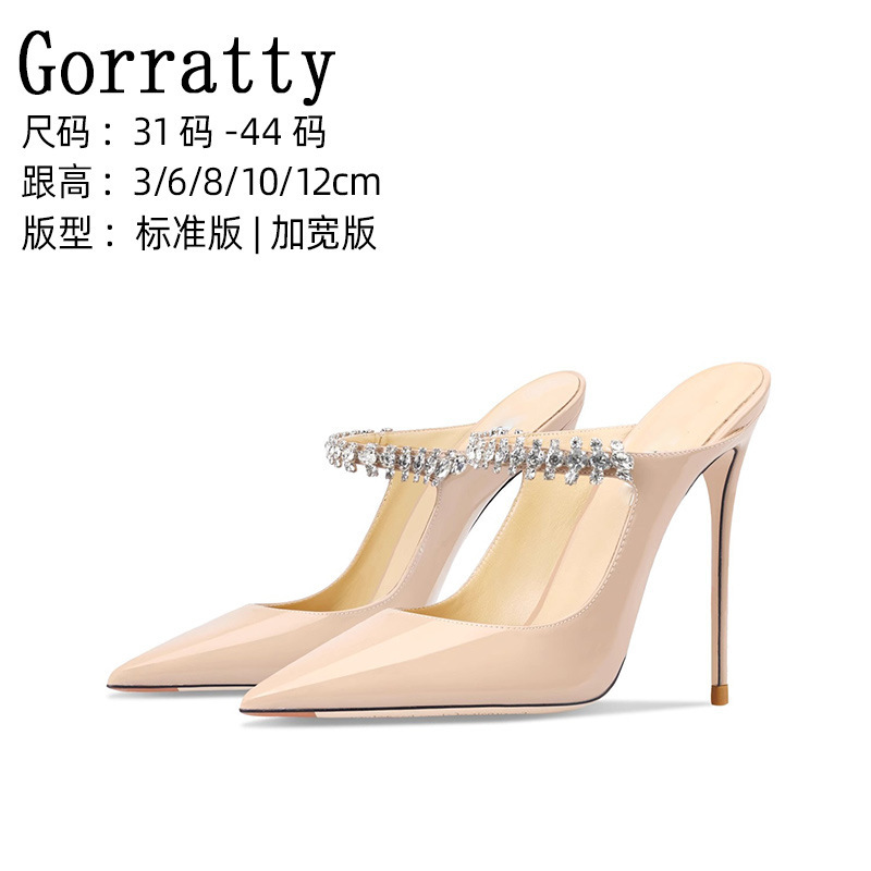Chubby Foot Wide Foot Leather Nude Patent Leather Rhinestone Sandals Women's Pointed Rear Empty Crystal Professional OL High Heels plus size 44