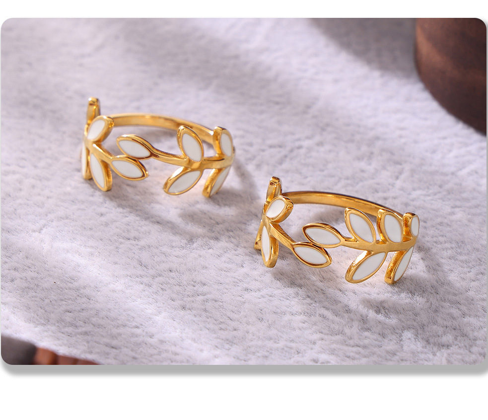 Bague carrée personnalisée en acier inoxydable PVD, motif goutte d'huile et feuille, finition sous vide, anneau ouvert._voghion.com