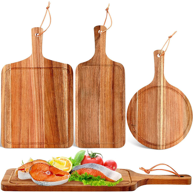 Household Wooden Dessert Decorative Dinner Plate with Handle Kitchen Deli Chopping Board Steak Western Dinner Plate Pizza Tray Set