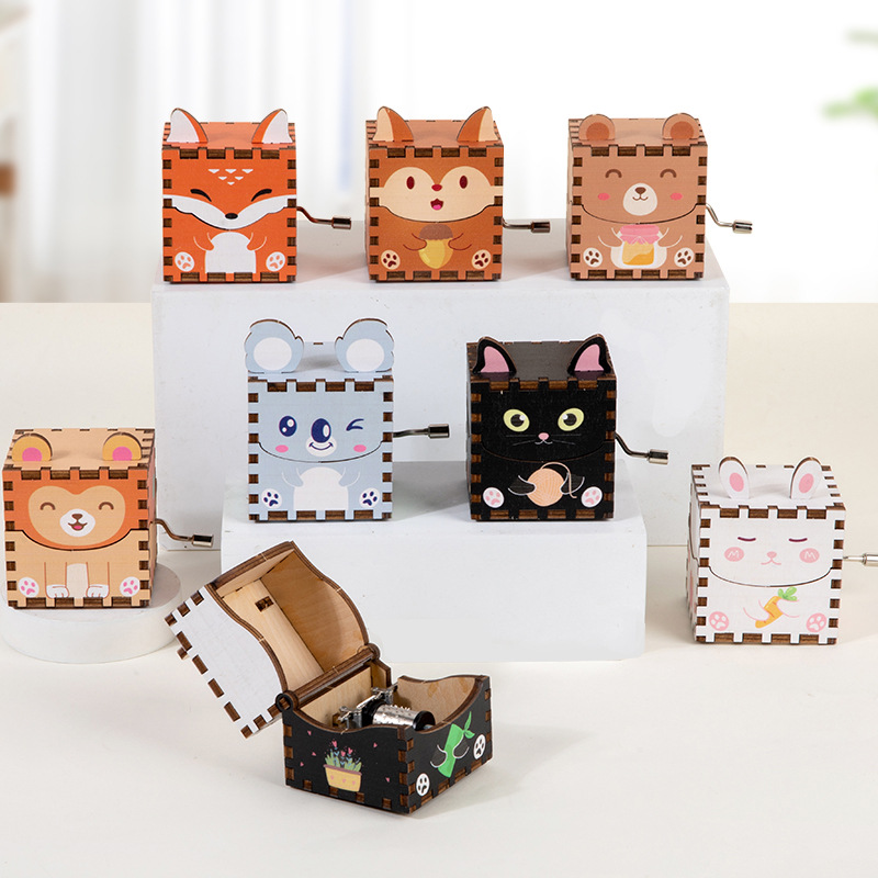 Caja de música de madera para niños DIY hecho a mano animales de dibujos animados regalos para niños pequeños puestos decorados con cajas de música de manivela juguetes
