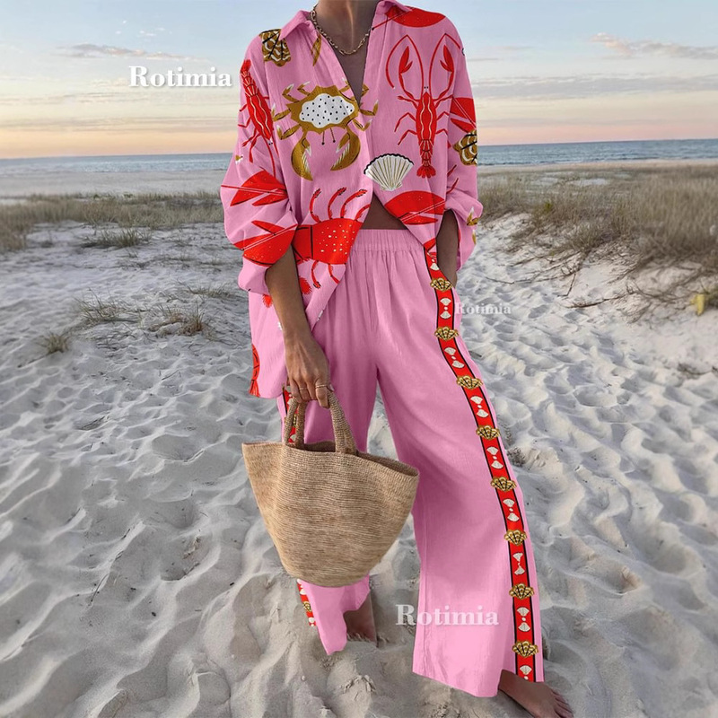 Cross-Border Tik Amazon Temu Aliexpress 3D Digital Flower Women's Hawaiian Resort Style Shirt Casual Suit