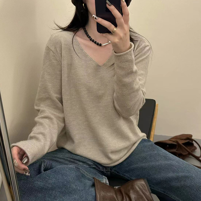 V领薄款针织衫女2025早秋新款长袖上衣宽松慵懒外穿简约显瘦毛衣|undefined