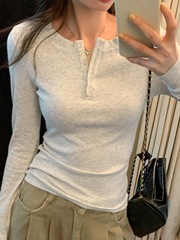 白花灰正肩排扣打底衫女秋半开领修身甜辣内搭上衣简约长袖T恤