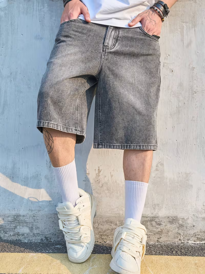 Heren denim shorts stone washed relaxed fit rechte broekspijp_voghion.com