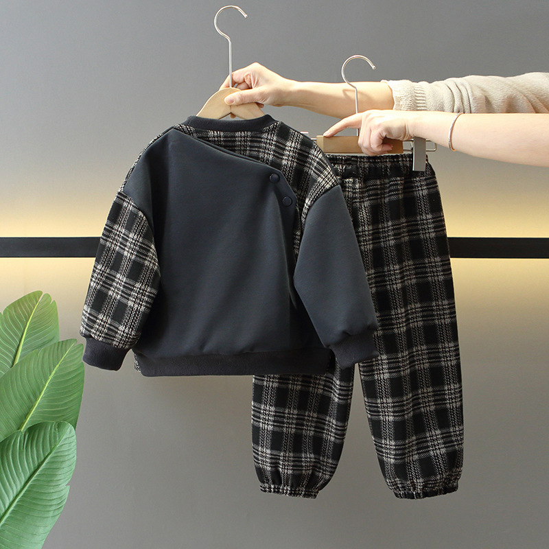 7728 Traje de primavera y otoño para niños 2025 nuevo estilo de moda y fresco suéter para niños pantalones a cuadros ropa de primavera para bebés de dos piezas