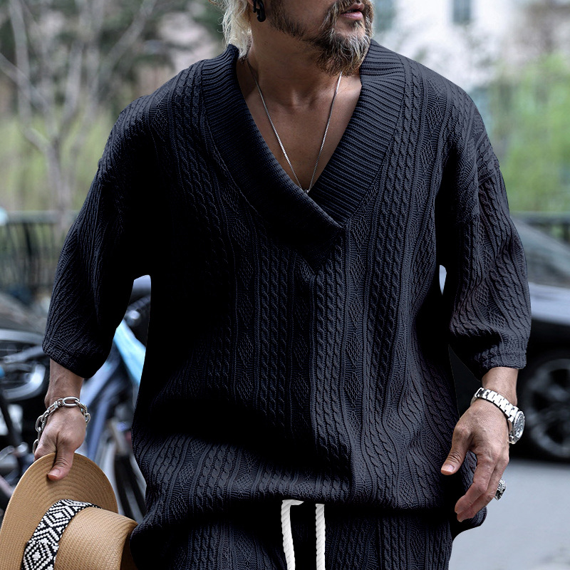 Cross-Border Camiseta de punto casual de los hombres de verano de manga corta suelta Amazon suelta gran cuello en V deportes color sólido camiseta de los hombres