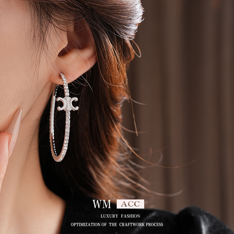 Agujas de plata con diamantes letras C pendientes transfronterizos fríos aretes exagerados para mujeres europeas y estadounidenses de moda ligera y lujosa alta sensación de pendientes image 4