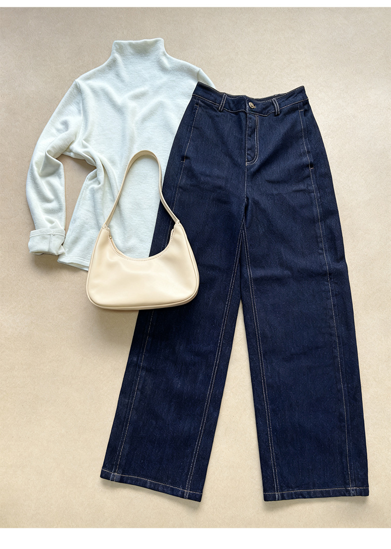 Quần jean ống rộng Xinge denim xanh chống phai màu, lưng cao, dáng suông dài đến sàn — màu xanh denim chi tiết 10