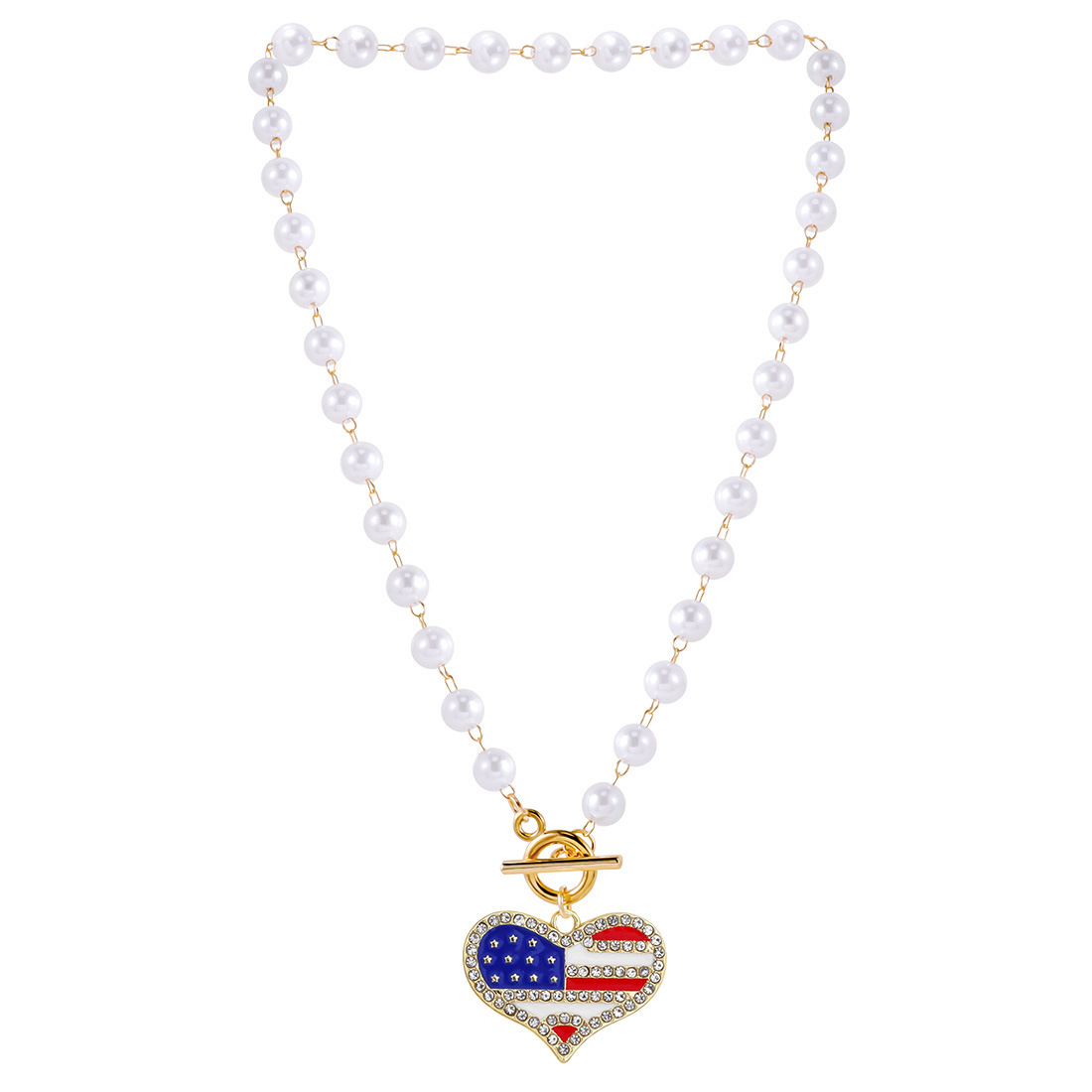 跨境亚马逊热卖USA国旗项链美国独立日纪念爱心吊坠珍珠女锁骨链