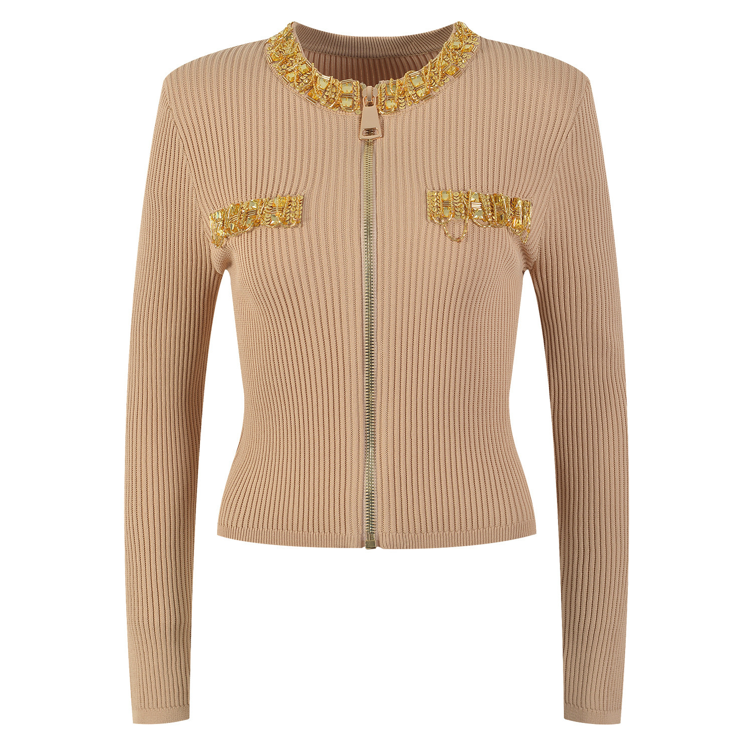 With zipper, khaki