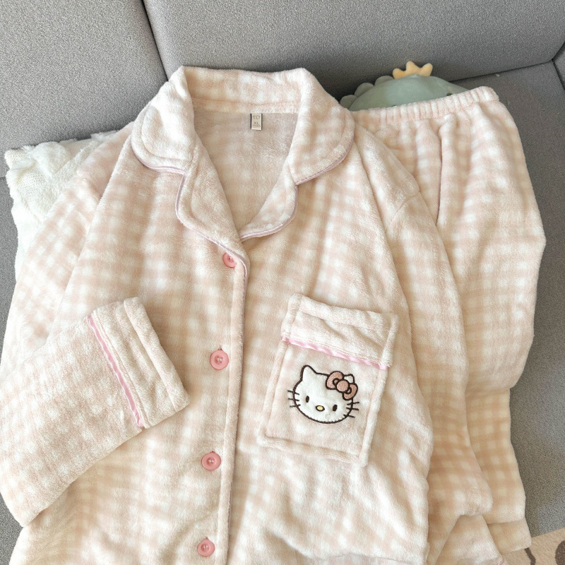 플란넬 가을과 겨울 새로운 귀여운 소녀 따뜻한 두꺼운 달콤한 고양이 고양이 느슨한 잠옷 세트 외부에서 착용 할 수 있습니다