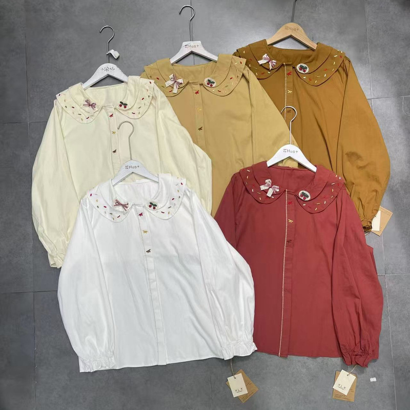 2026 Women's Spring and Autumn Cute Cartoon Embroidered Casual Shirt Sweet and Adorable Doll Collar Blouse