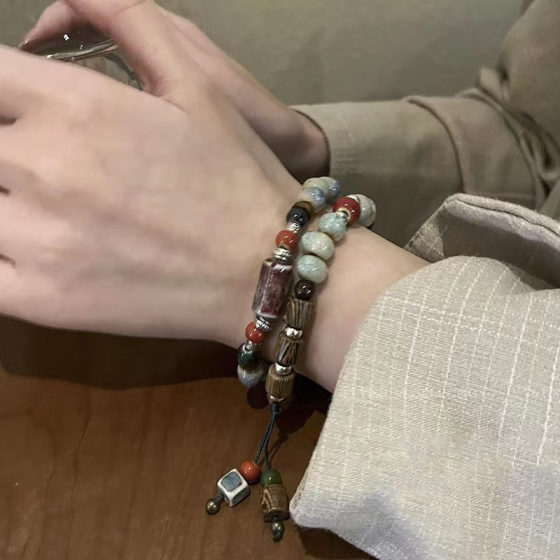 National Style Artistic Ceramic Bracelet Female Ethnic Style Retro Wooden Beads Antique Style Bracelet Niche Design Couple Girlfriend Bracelet