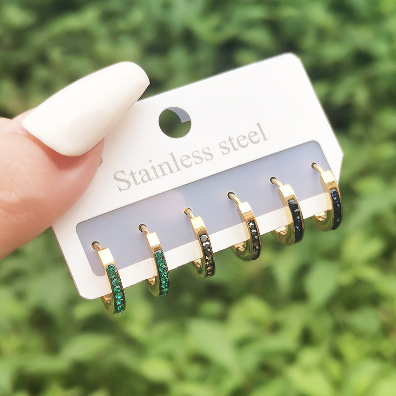 Fashion Round Titanium Steel Inlay Rhinestones Hoop Earrings 3 Pairs