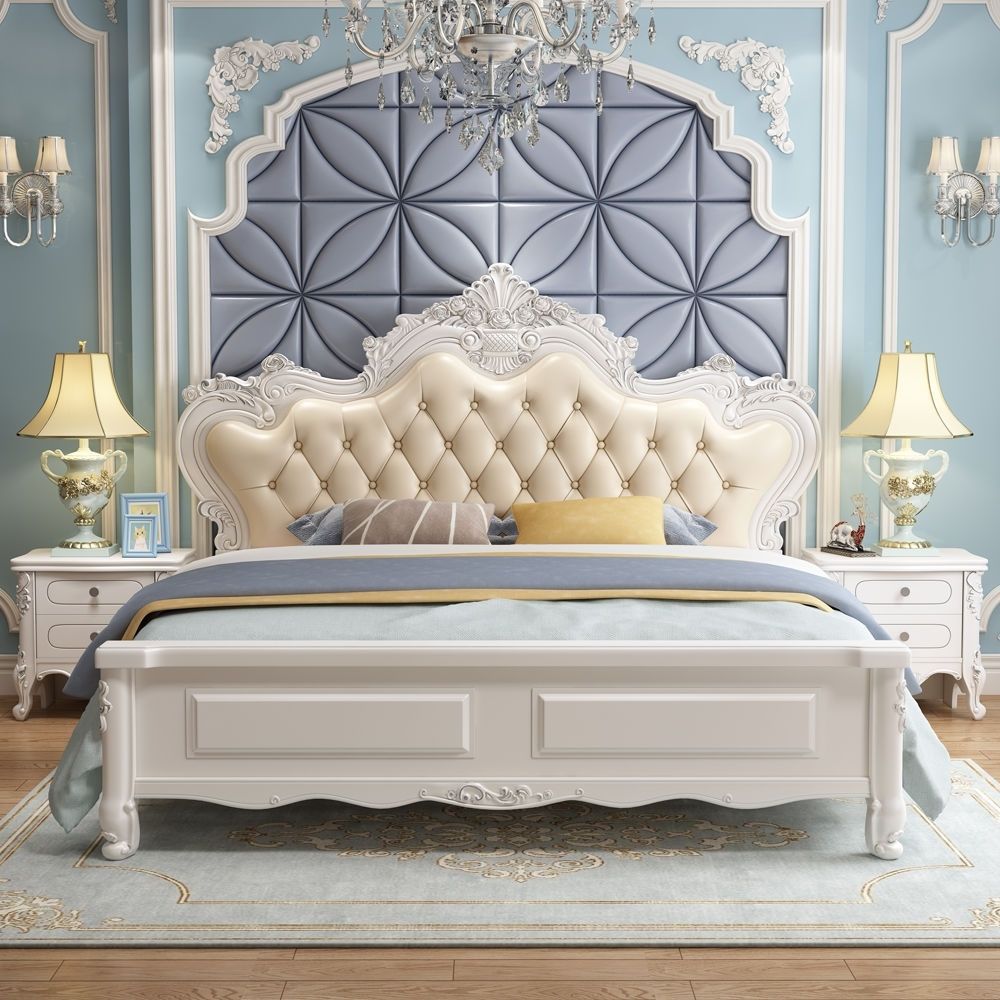 European Style Bed Solid Wood Double Bed 1.8m Modern Simple European Bed 1.5m White Princess Bed Master Bedroom Storage Wedding Bed