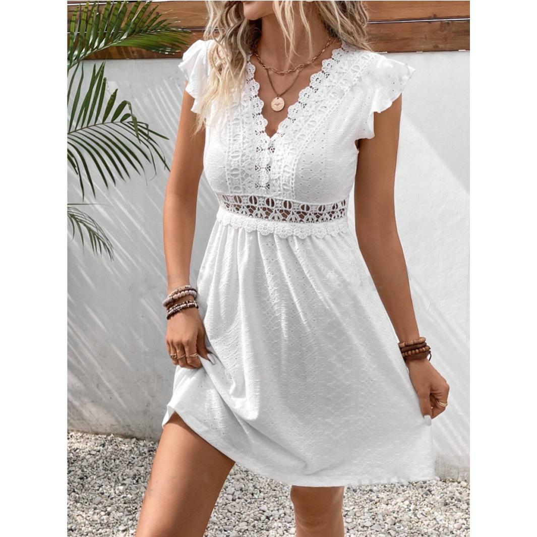 Knit Jacquard Hollow Out Dress Elastic Sheer Lace Butterfly Sleeves Spring Summer Fashion Wholesale Available