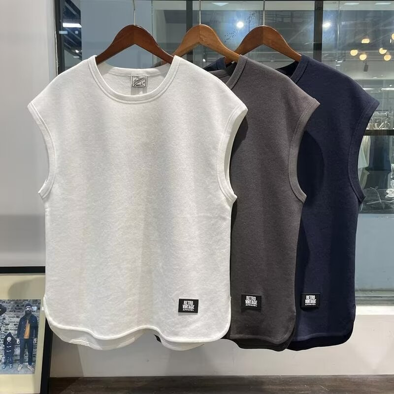 夏のイントレンドアイスシルクノースリーブベスト白底半袖レトロベストメンズルーズTシャツアウターウェア|undefined