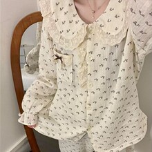 日系碎花满印少女睡衣春秋季娃娃领双长两件套蝴蝶结简约风家居服