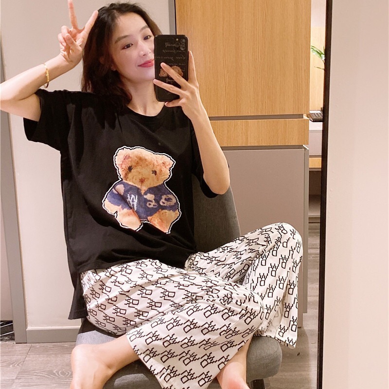 Korean Style Short-Sleeved Pajamas, Thin Pure Cotton, Cute Cartoon Bear Letters, Home Wear, Large Size 100kg Long Pants Set