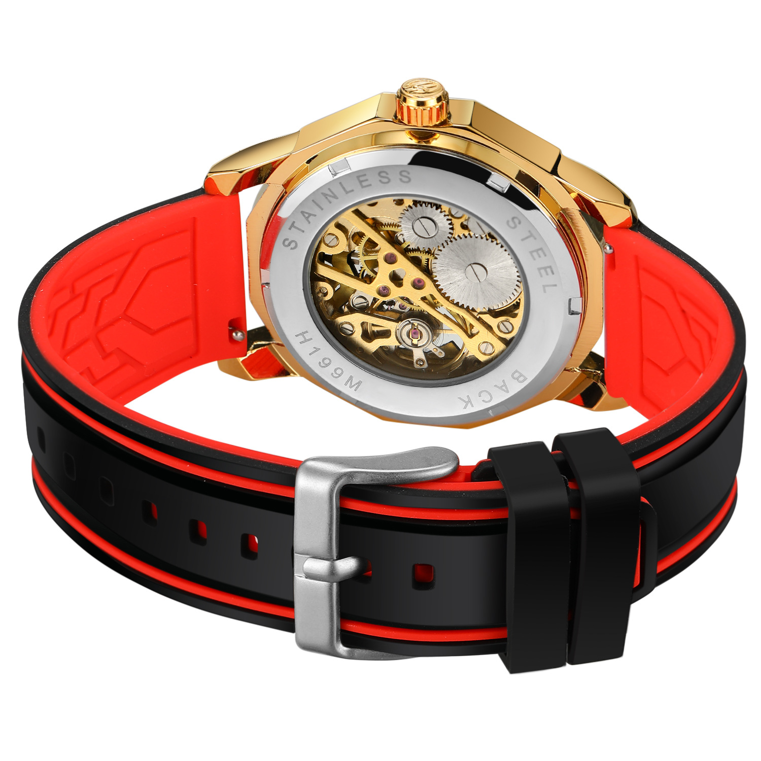 Orologio meccanico a carica manuale da uomo FORSINING con cinturino in gomma scheletrato e cassa trasparente._voghion.com