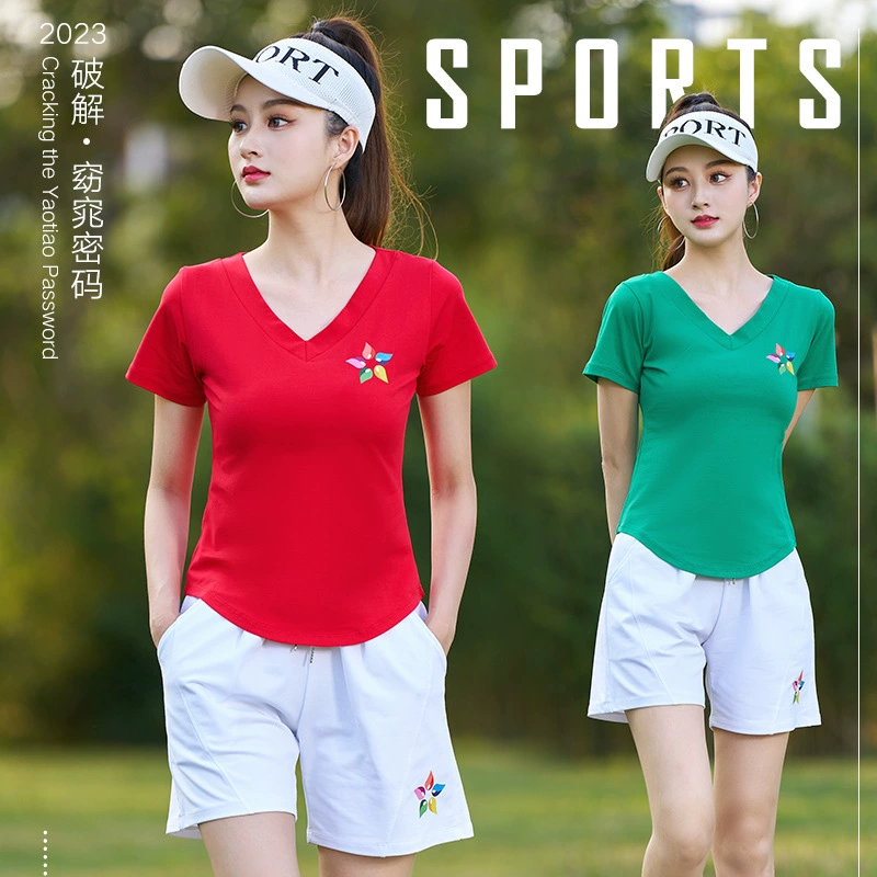 Новая квадратная танцевальная одежда, костюм с принтом, хлопковые летние шорты с короткими рукавами, спортивная одежда для отдыха, групповая аэробика, одежда для выступлений