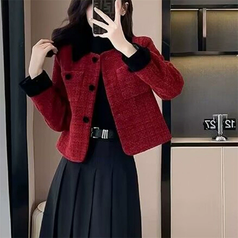 Продвинутый оттенок красный маленький ароматный ветер короткое пальто женский 2025 новый маленький человек