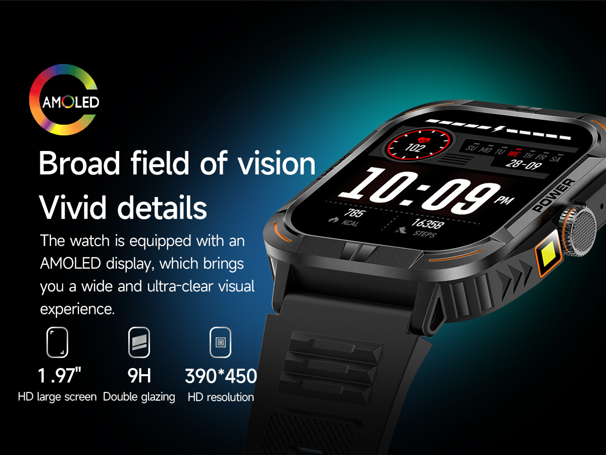 Montre connectée outdoor avec écran tactile AMOLED 1,97 pouce, Bluetooth, appels et lampe torche._voghion.com