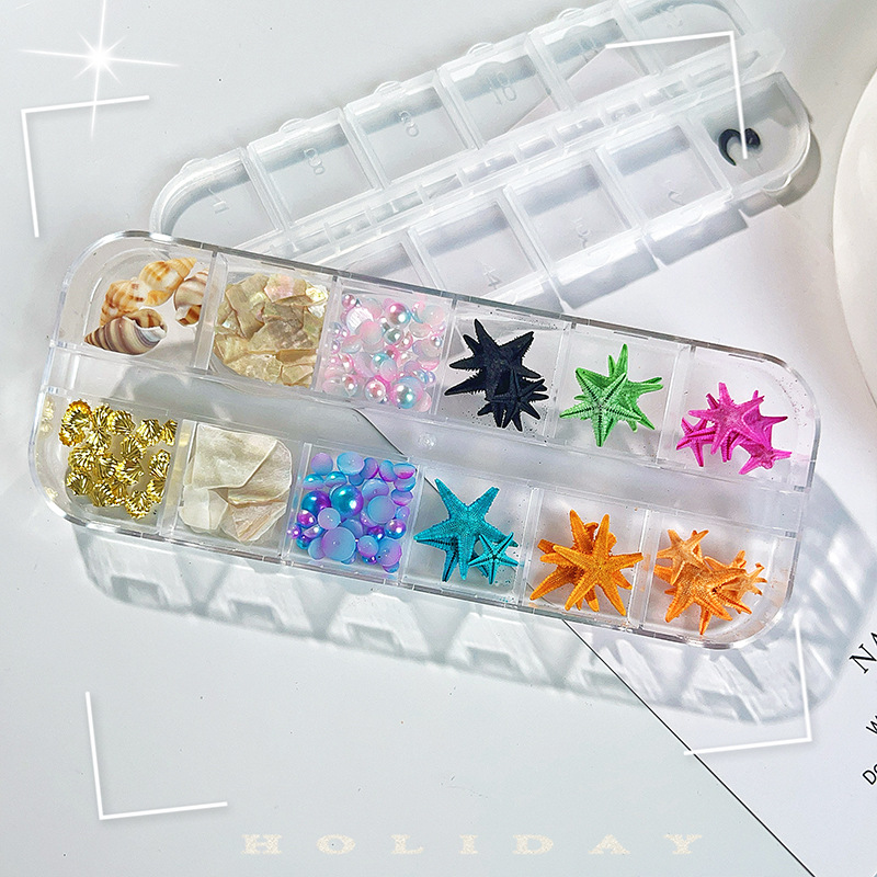 Venta caliente transfronteriza Tormenta marina joyería de uñas rebanadas de concha de estrella de mar natural rebanadas de abulón 12 rejilla mixta