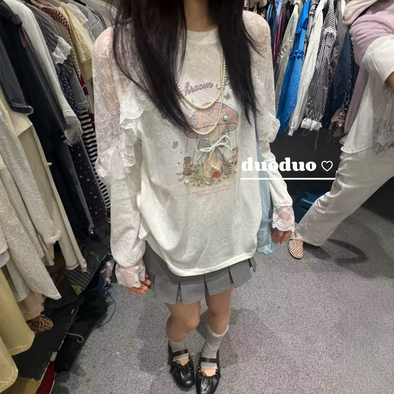 Round-neck letter cartoon pattern patchwork lace ruffle thin long-sleeve T-shirt sun protection shirt Round-neck letter cartoon pattern patchwork lace ruffle thin long-sleeve T-shirt sun protection shirt
