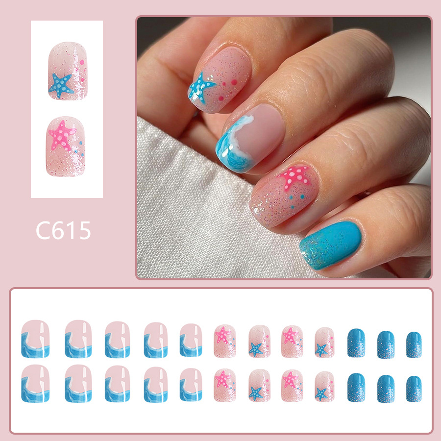 Short bright face square armor Europe and the United States cross-border foreign trade sea wave starfish powder blue detachable wearable nail art 24 p_voghion.com