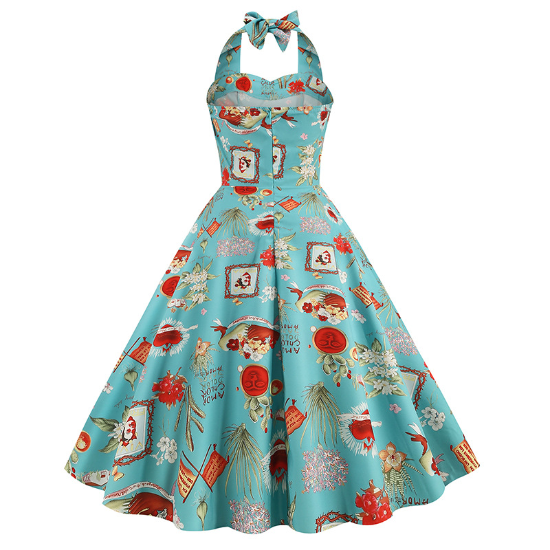 European And American Women's Hepburn Style Puff Skirt Dress Retro Print Halter Neck New 2026 Cross Border Exclusive_ecoleips.com
