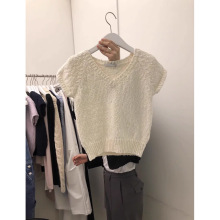 韩国东大门2023夏季新款甜美纯色修身显瘦短袖V领套头针织衫女士