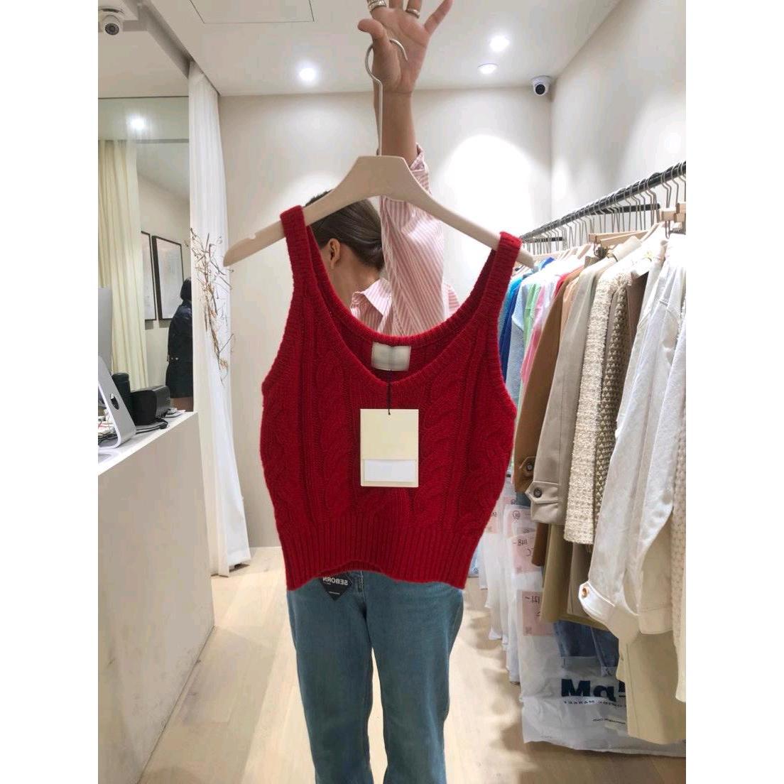 51STUDIO 春季新款性感V领针织吊带麻花纹短款红色马甲毛衣背心