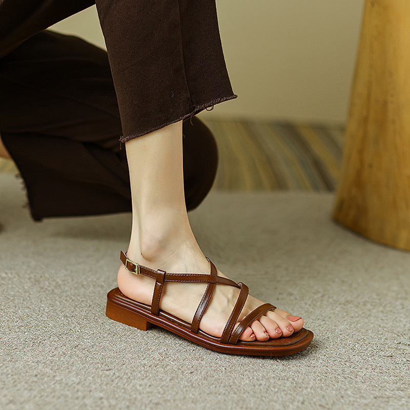 Sandal La Mã dệt cổ điển nữ quai ngang đế bệt — Màu nâu chi tiết 21