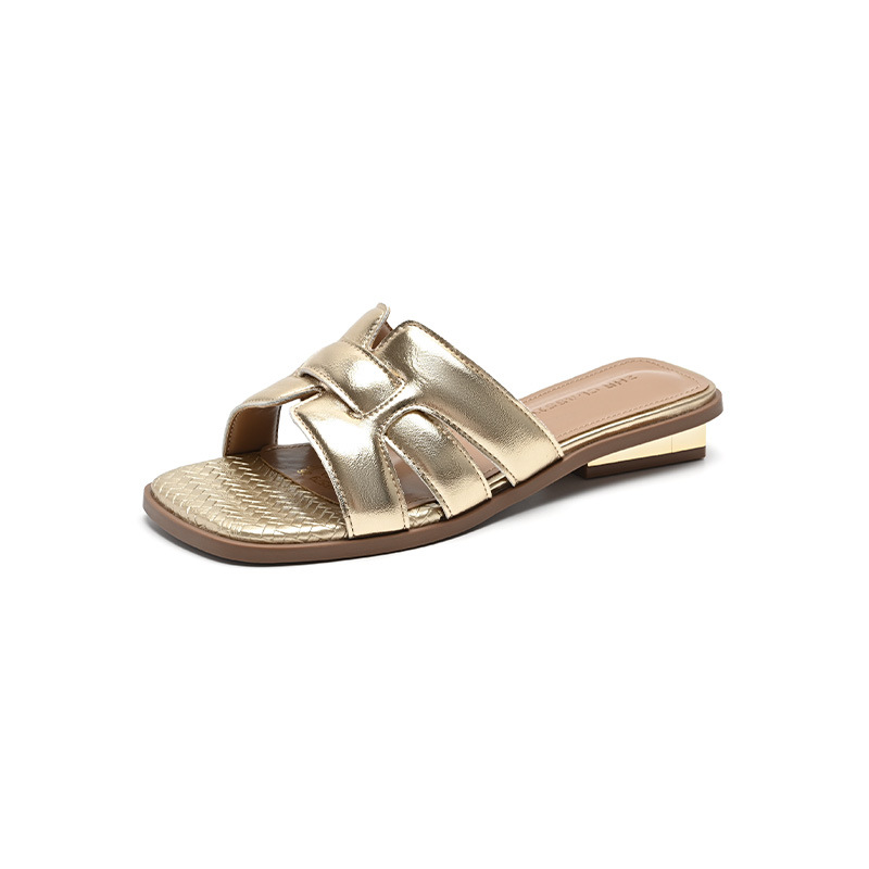 Sandal cao gót nữ quai ngang dệt thời trang, gót vuông 7 cm — JF579 Vàng