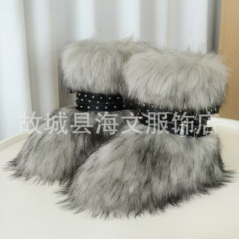 新款炸街辣妹厚底雪地靴Y2K朋克仿毛靴子铆钉靴显瘦暗黑系绑带靴|undefined