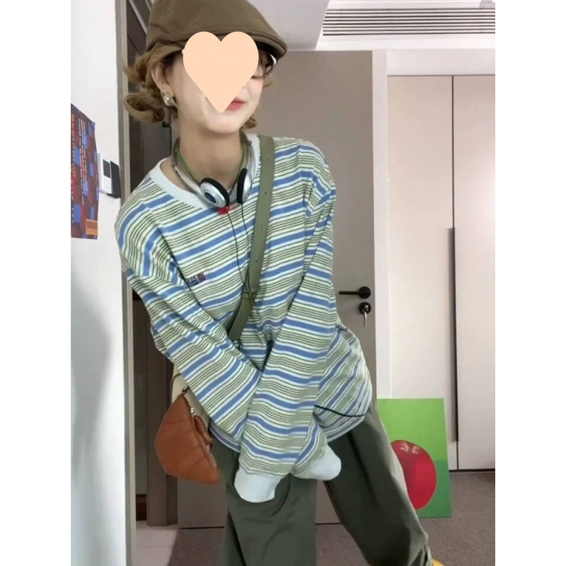 条纹正肩长袖恤女春秋季设计感小众打底衫内搭体恤宽松上衣外穿|undefined