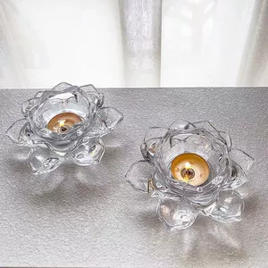 [中式透明水晶玻璃莲花烛台蜡烛台莲花灯浪漫烛光佛灯酥油灯灯盏]